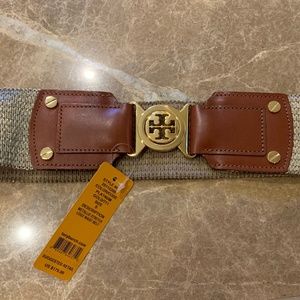 Tory Burch Platinum Stretch Belt w/Leather & Gold